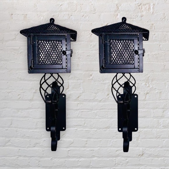 2 Mid Century Lantern, Wall Mount, Metal Scrolls Wrought Iron Candle Holders - Picture 1 of 6